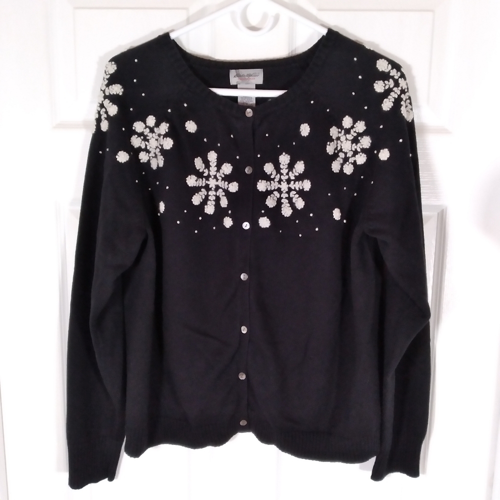 Vtg Eddie Bauer Button Down Cardigan Sweater Angora  Snowflake Black & White XL